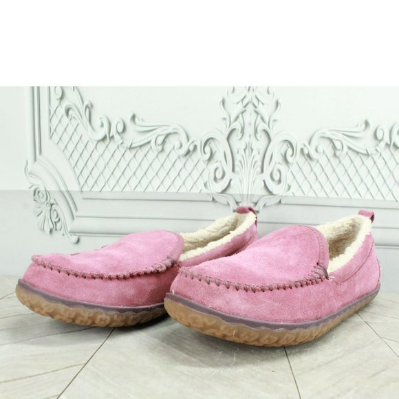 LL Bean Pink Suede Slip On Fleece Lined Mountain Moccasin Slippers Size 8 M - Picture 2 of 9